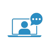 A laptop screen showing an image of a person with a speech bubble