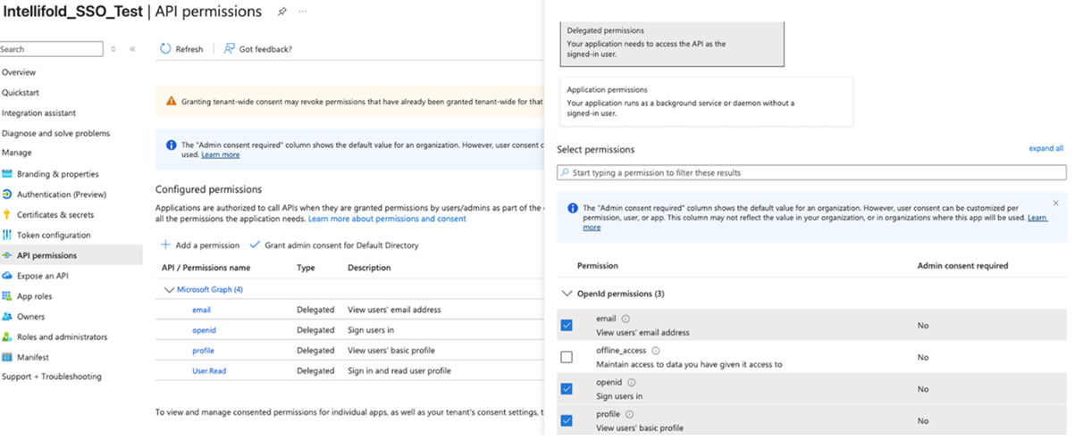API permissions screen showing configured delegated Microsoft Graph permissions and OpenId permissions selection.