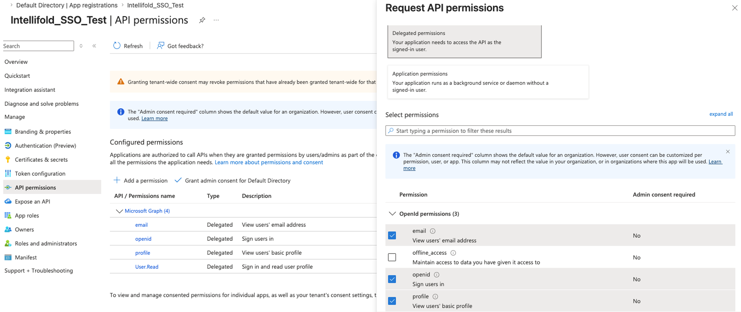 API permissions screen showing configured delegated Microsoft Graph permissions and OpenId permissions selection.