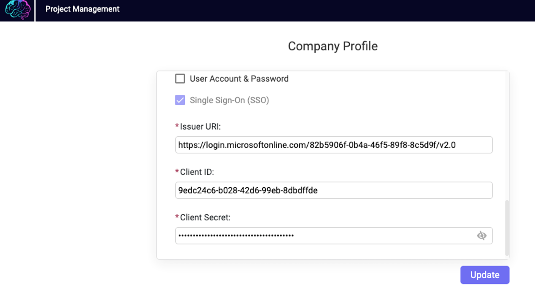Company Profile form with Single Sign-On enabled and fields for Issuer URI, Client ID, and hidden Client Secret.