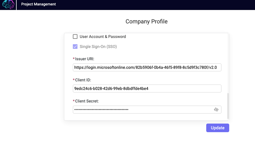 Company Profile form with Single Sign-On enabled and fields for Issuer URI, Client ID, and hidden Client Secret.