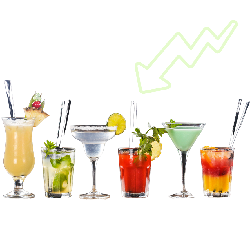 Custom cocktails with a jagged arrow pointing at them