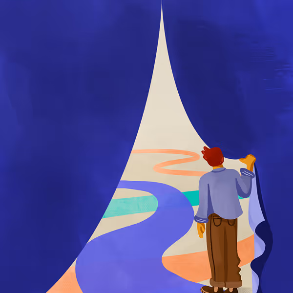 Illustration of a person pulling back a curtain to reveal colourful winding paths stretching into the distance