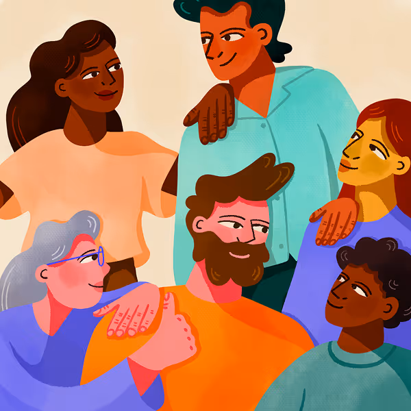 Illustration of a diverse group of people gathered supportively around one person, representing mentors and influences