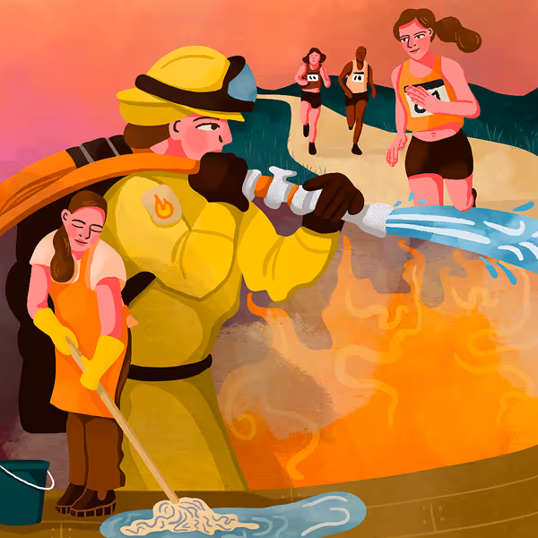 Illustration blending life experiences including firefighting, marathon running, and cleaning, representing formative moments in a career journey