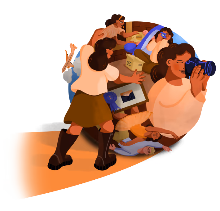 Illustration of a person pushing a sphere containing life experiences including photography, travel, framed artwork, and relaxation moments