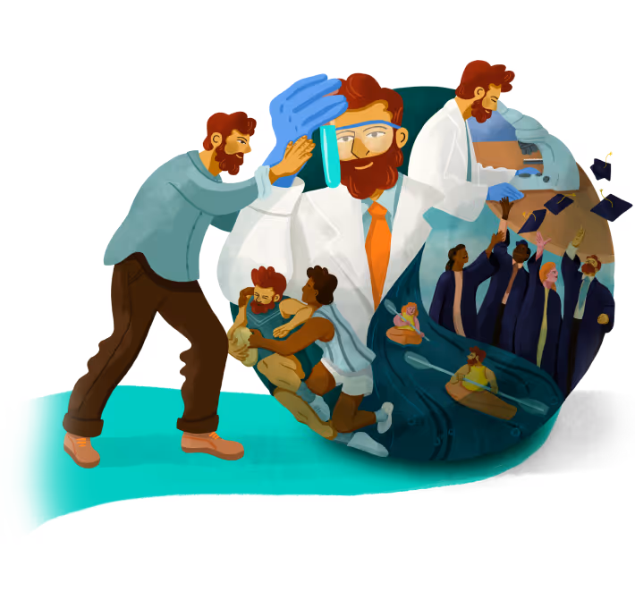Illustration of a person pushing a sphere containing work-related scenes including a scientist in a lab coat, colleagues embracing, and graduates throwing caps