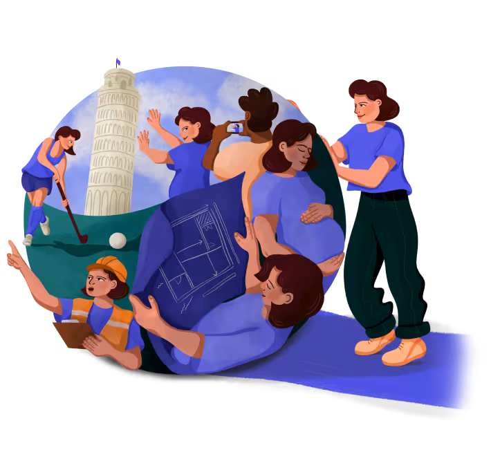 Illustration of a person pushing a sphere containing education and travel scenes including the Leaning Tower of Pisa, architectural blueprints, and field hockey