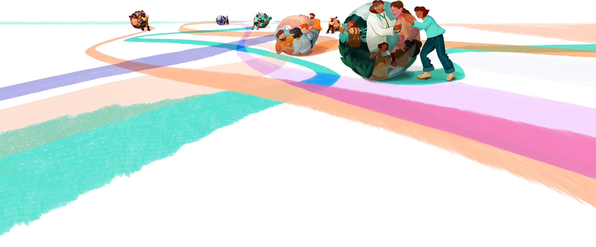 Illustrated people rolling spheres filled with life moments along colourful intersecting paths, representing diverse career journeys