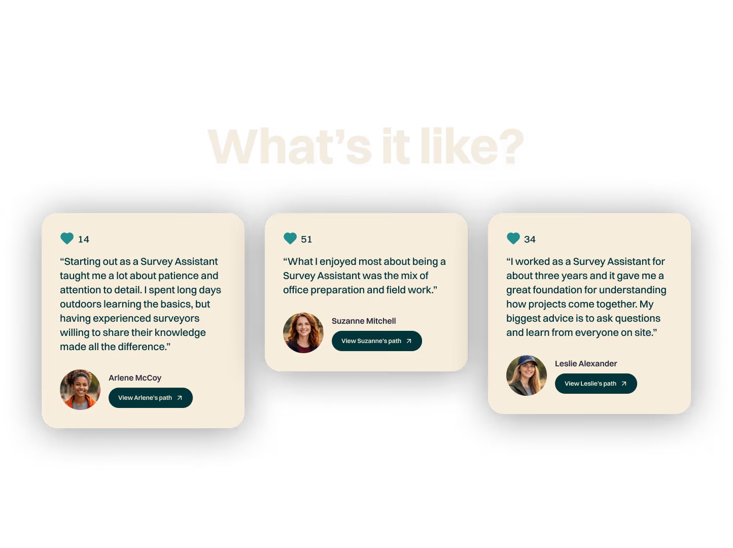 Stories feed showing user testimonials and skill tags like 'Curious minds' and 'Hands-on', with story cards from multiple contributors