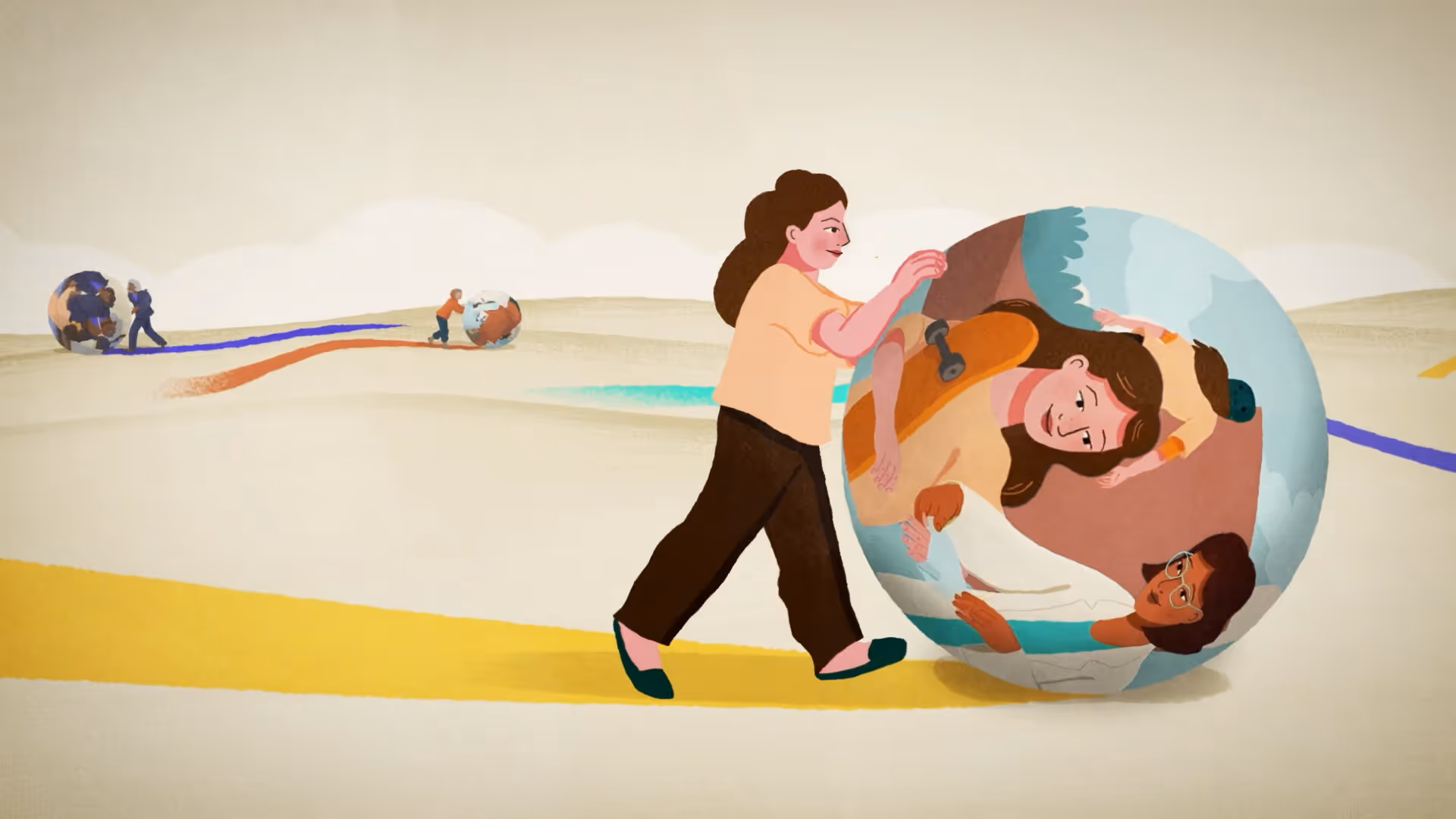 Video thumbnail: Illustration of a woman rolling a large sphere containing images of diverse people engaged in various activities, with other figures rolling similar spheres in the background across a minimalist landscape with coloured trails