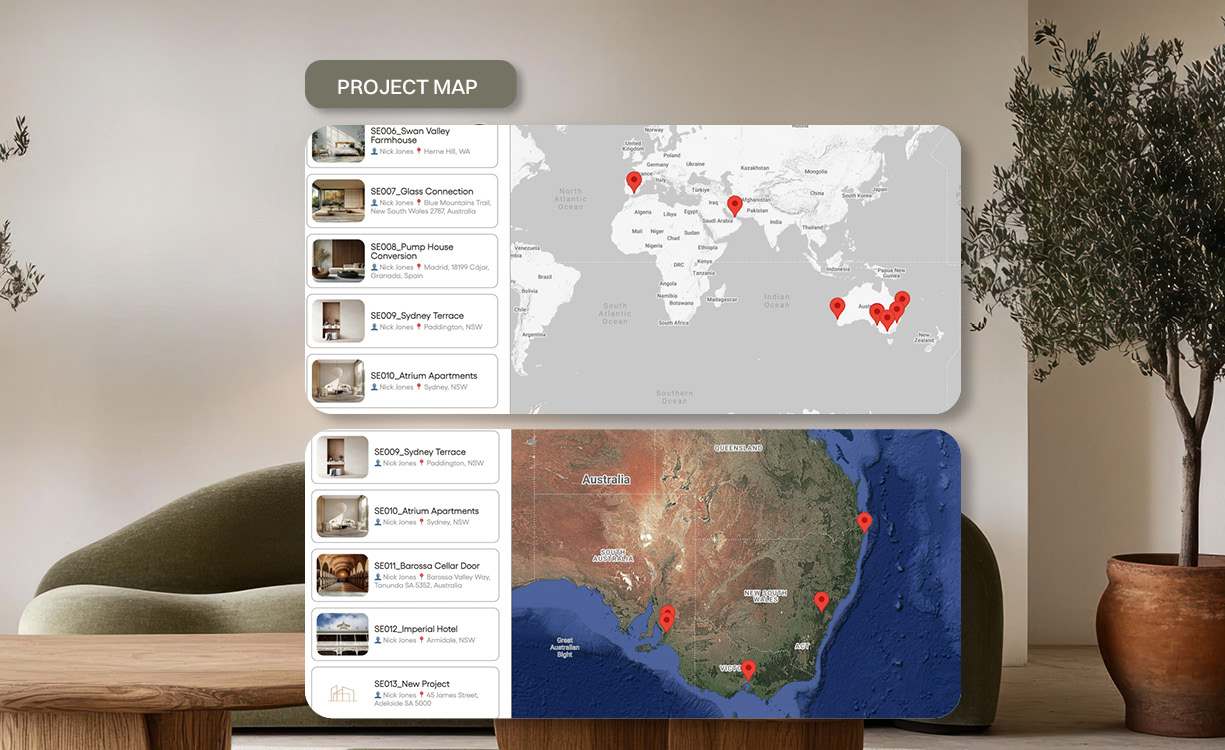 Studio Manager Project Map, allows architecture and interior design studios view their projects on a global scale.