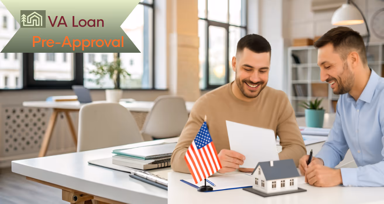 Veteran meeting with loan officer to begin VA loan pre-approval process, holding documents and discussing home financing options.