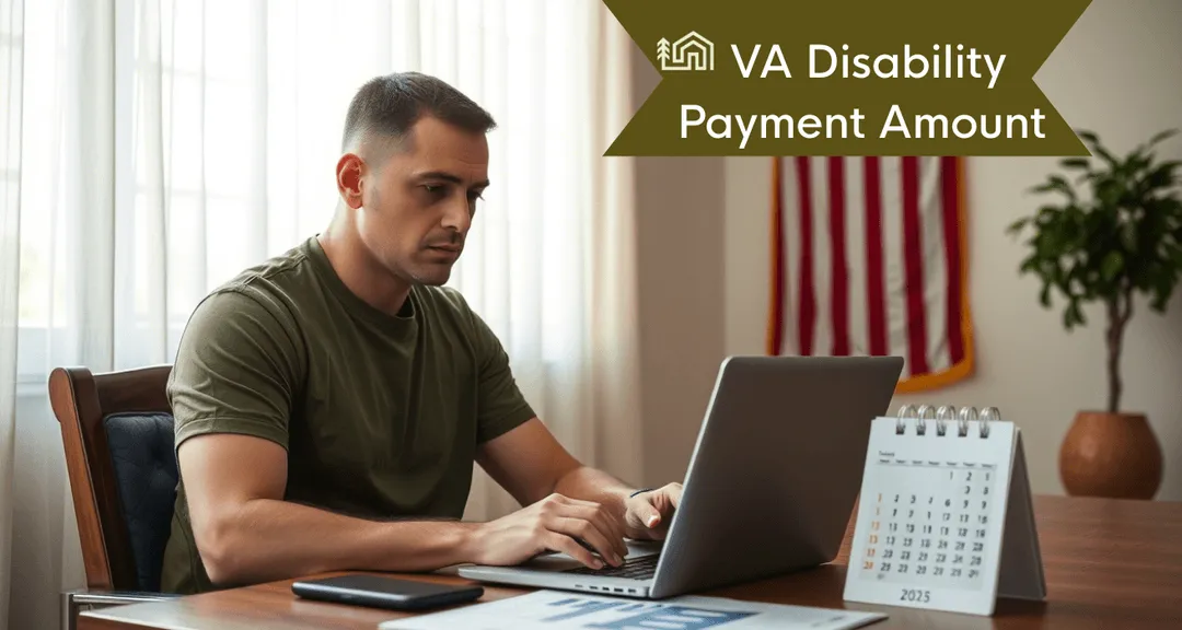 VA disability payment chart and dollar bills are shown on a desk, reflecting updated 2025 rates and thoughtful benefit usage.