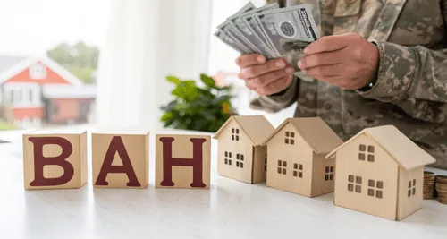 2025 military BAH rate changes being reviewed, with updated housing allowances assessed by a service member at a home office.