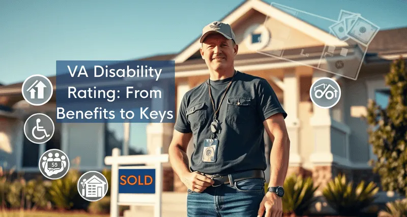 A VA rating letter and house keys are placed together to show how homeownership benefits are accessed through VA disability ratings.