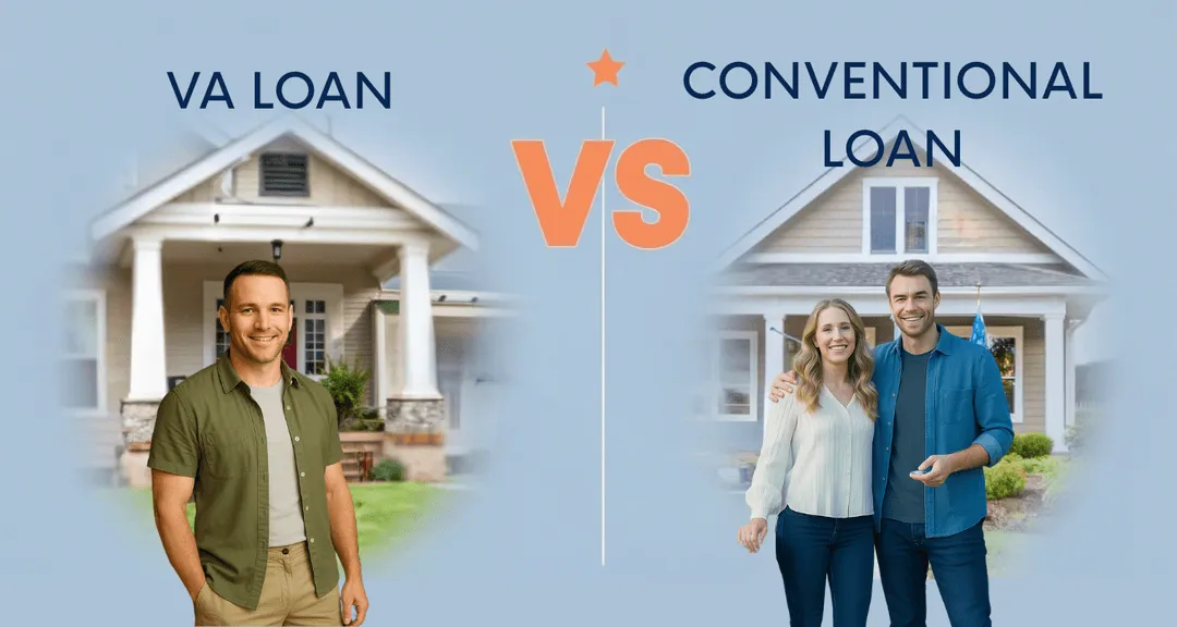 Veteran couple comparing VA loan and conventional loan options with a mortgage advisor to choose the best home financing solution