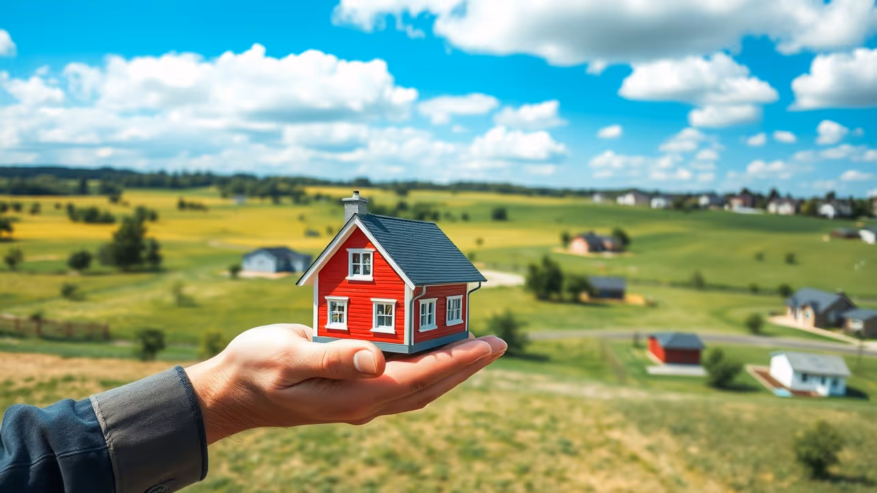 Land eligibility under VA loan guidelines shown with open land, a house outline, and VA loan paperwork in the background.