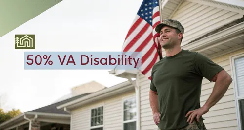 A 50% VA disability letter and house key are placed together to show how compensation and home loan benefits are given to veterans.