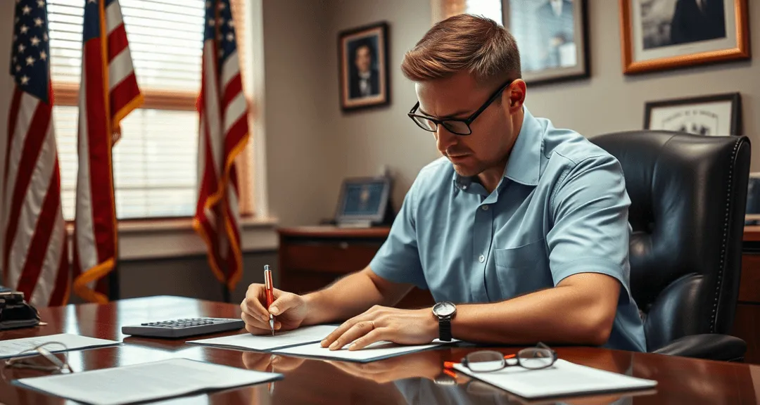 Veteran reviewing VA compensation benefits paperwork for service-connected disabilities at home with American flag in background.
