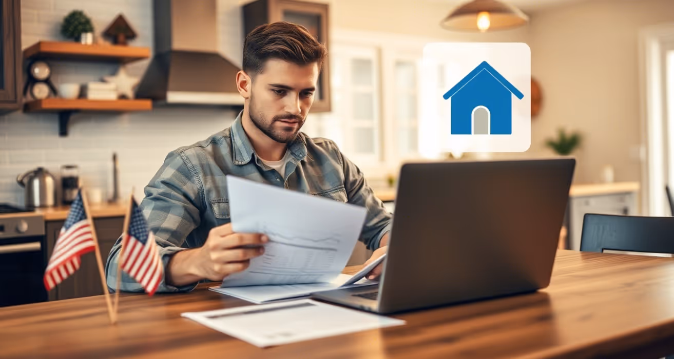 VA mortgage documents and a U.S. flag are placed on a desk, with current rates and important details being examined by veterans