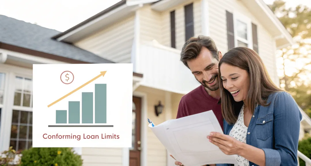 A loan limit chart and housing documents are shown on a desk, with 2025 conforming limits being applied to mortgage qualification.