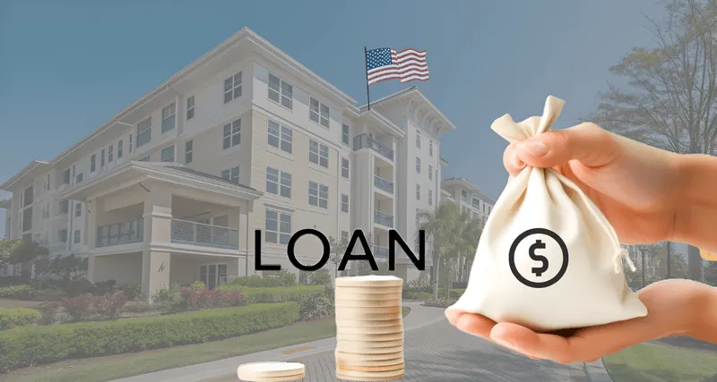 Loan documents and a calculator are placed in front of a condo building, showing financing options being evaluated for 2025.