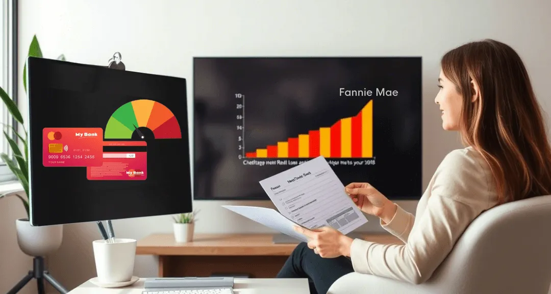 A Fannie Mae credit score update document is placed next to a house model, with changes to homebuyer evaluations being noted.