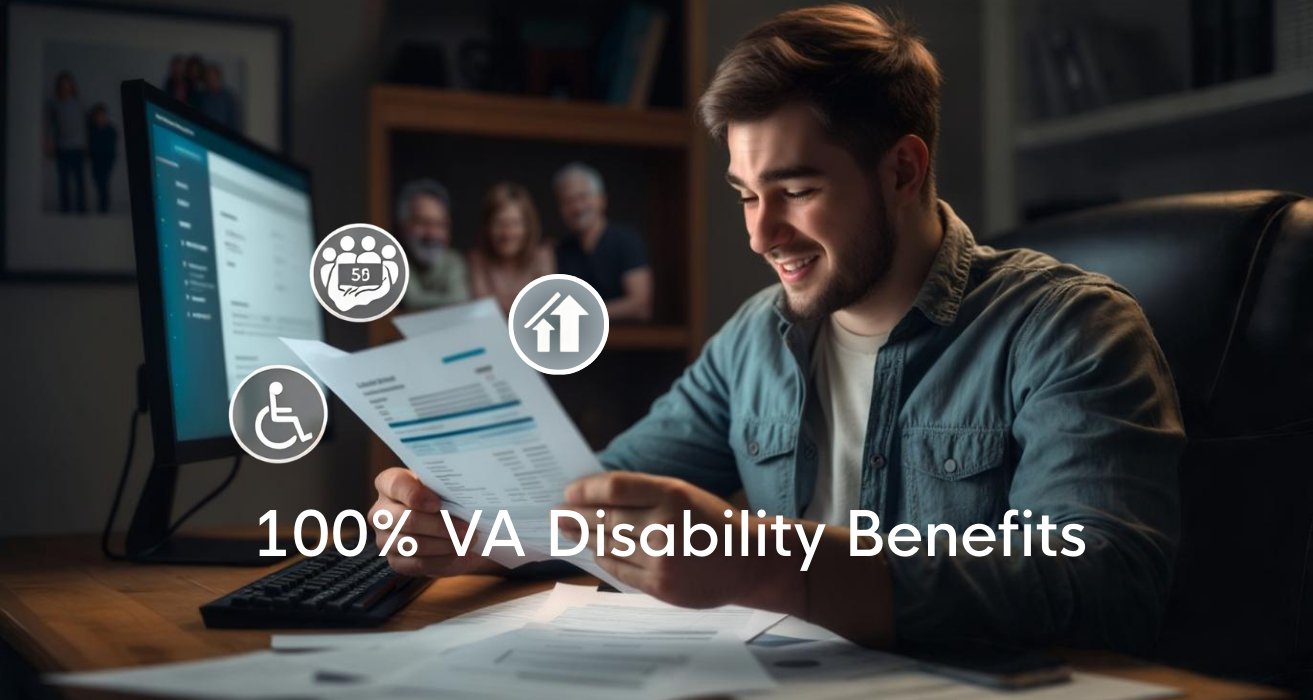 2025 VA disability compensation, housing perks, tax exemptions, and education benefits for 100% disabled veterans are highlighted.