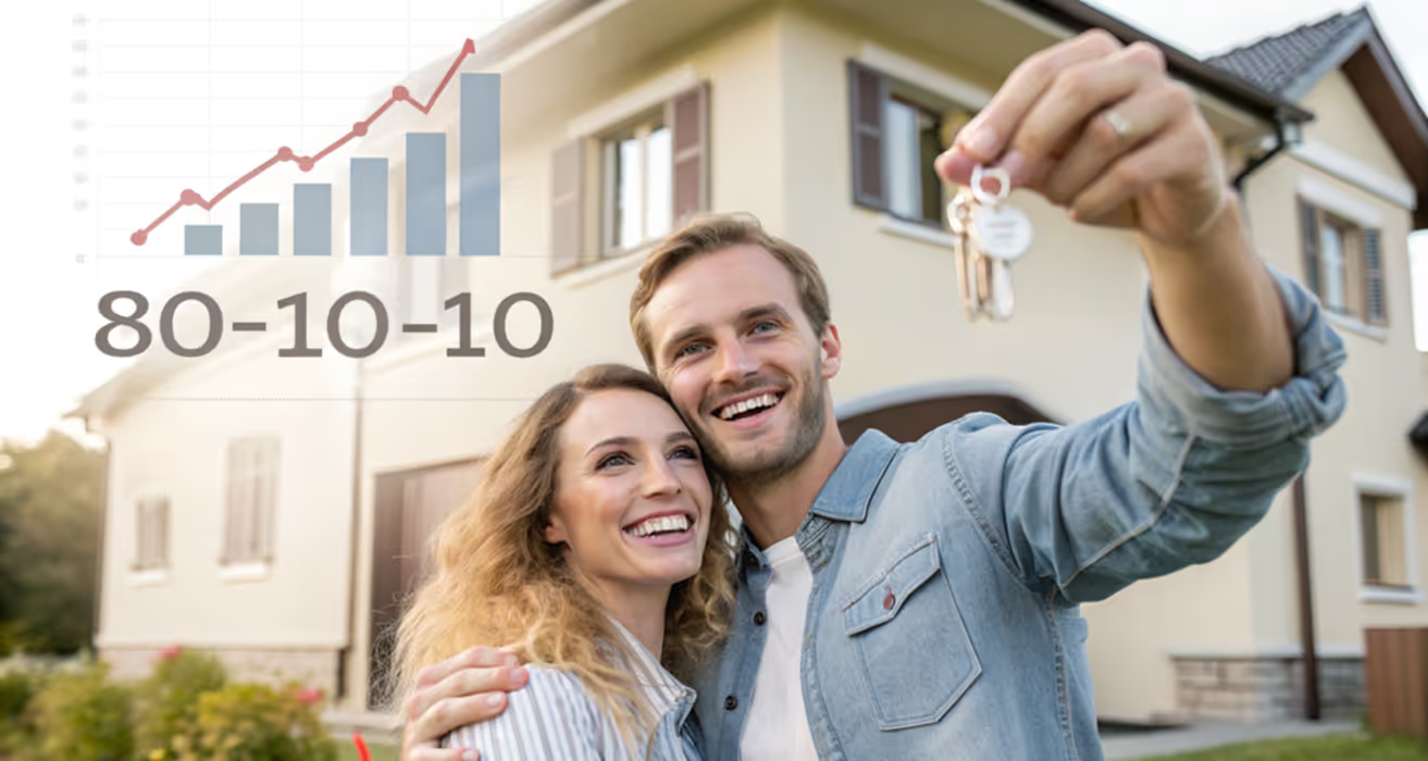 PMI avoided through an 80-10-10 mortgage setup shown with split loan amounts, house image, and financial documents.