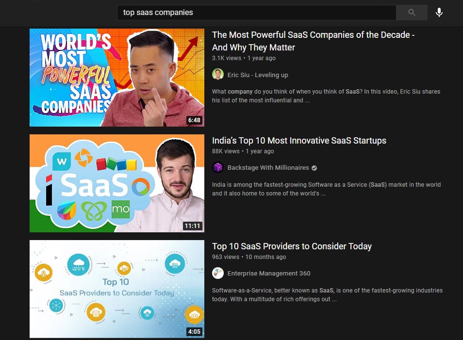 Top SaaS Company Youtube Results