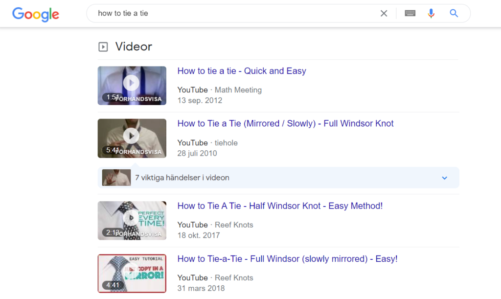 Google Results from the search "how to tie a tie"