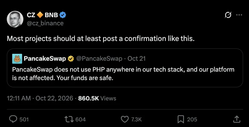 CZ's X post quoting PancakeSwap's statement that it does not use PHP: Most projects should at least post a confirmation like this