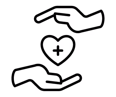 Icône de deux mains entourant un cœur avec une croix au centre symbolisant les soins ou l'aide médicale.