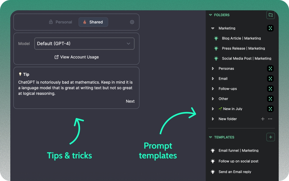 screenshot of Team-GPT's prompt function