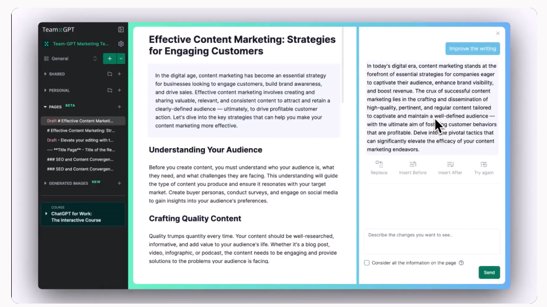 Team-GPT creating content on "Effective Content Marketing: Strategies for Engaging Customers"