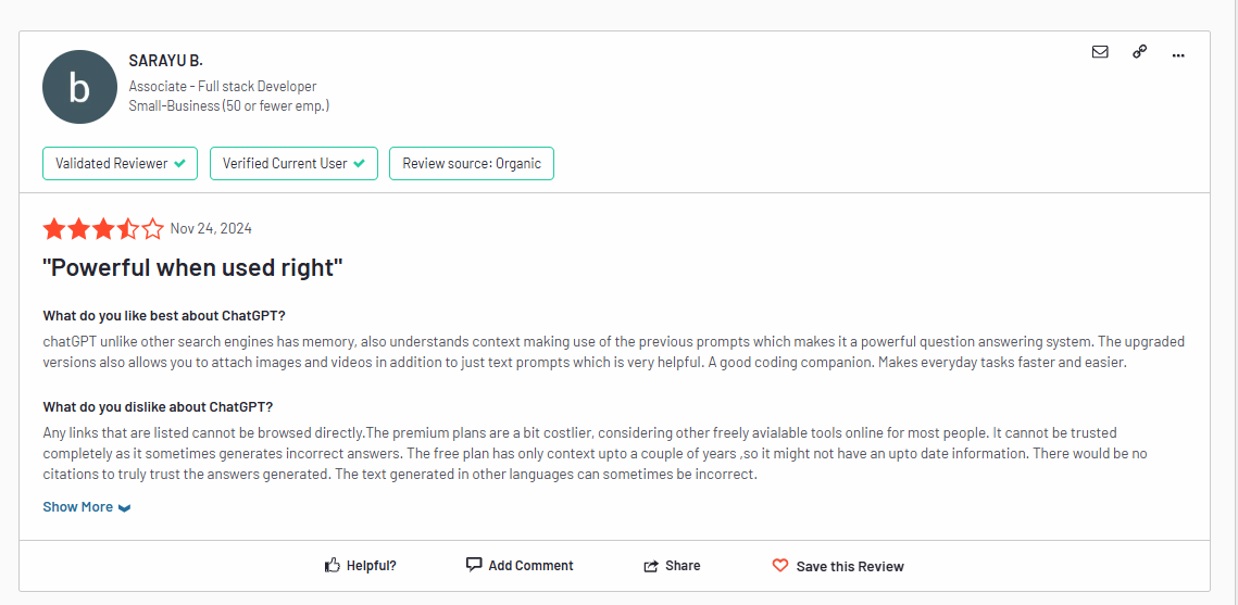 ChatGPT's review on G2 by Sarayu B.