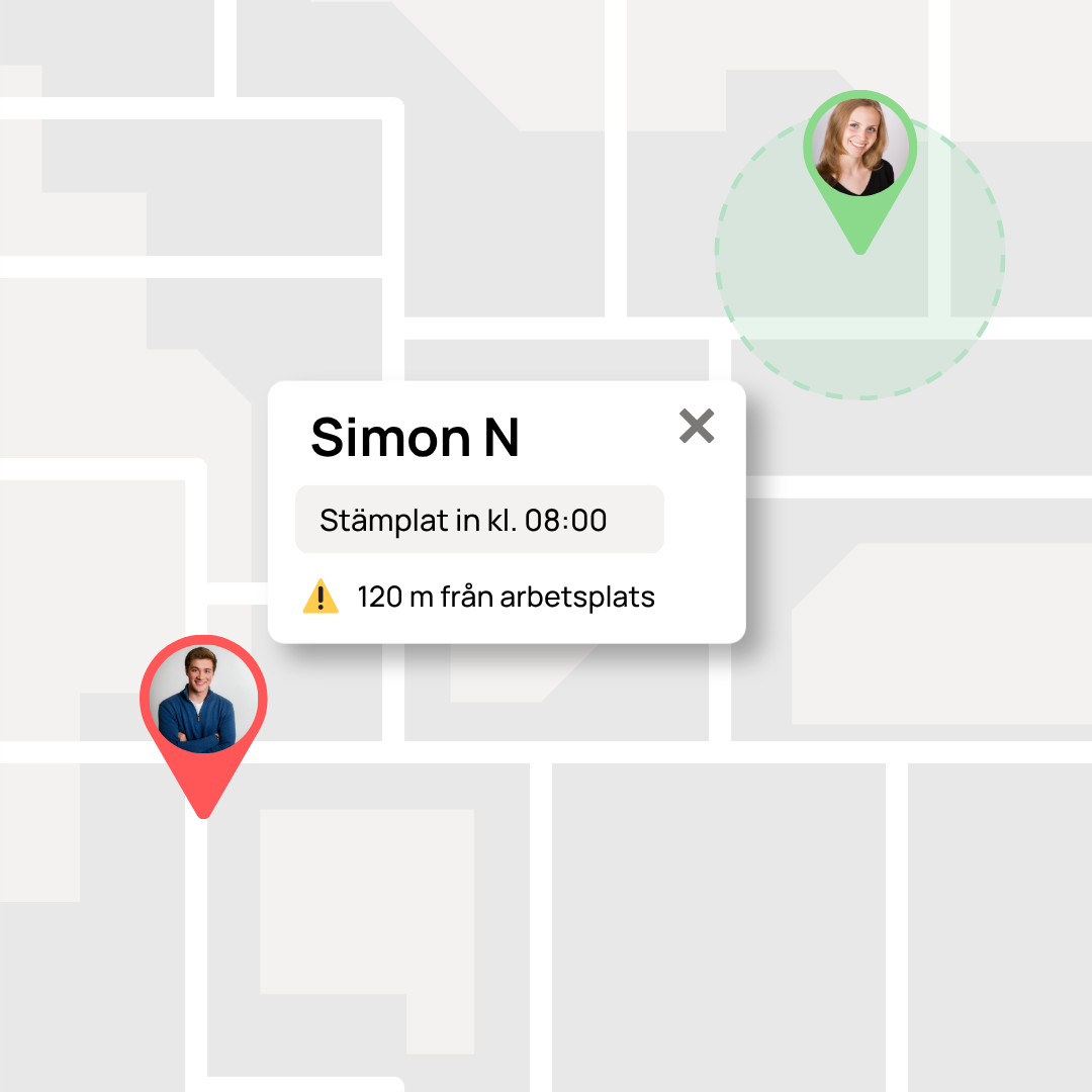 Karta med markörer som visar medarbetares position och en GPS-verifierad stämpling i Timeplan.