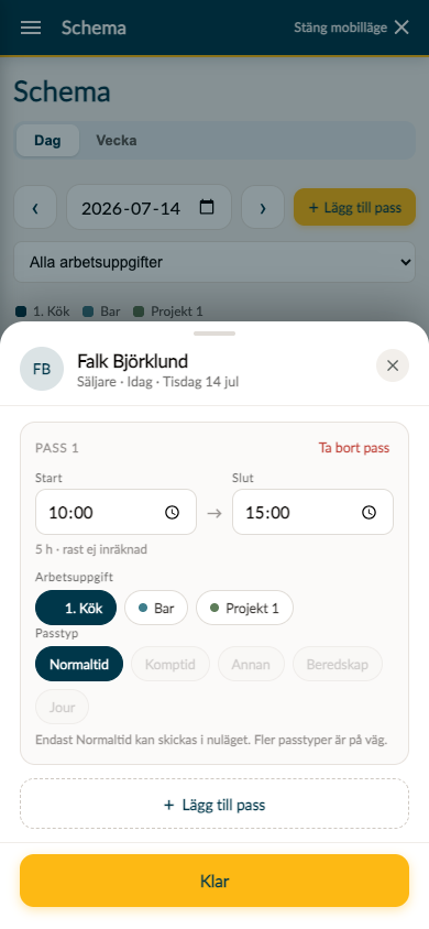 Redigera pass i Timeplans mobilvy – tider, arbetsuppgifter och passtyp