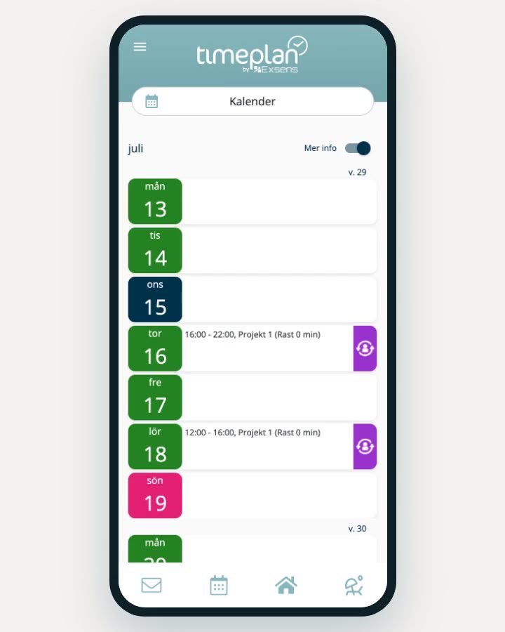 Timeplans medarbetarapp med kalender och arbetspass