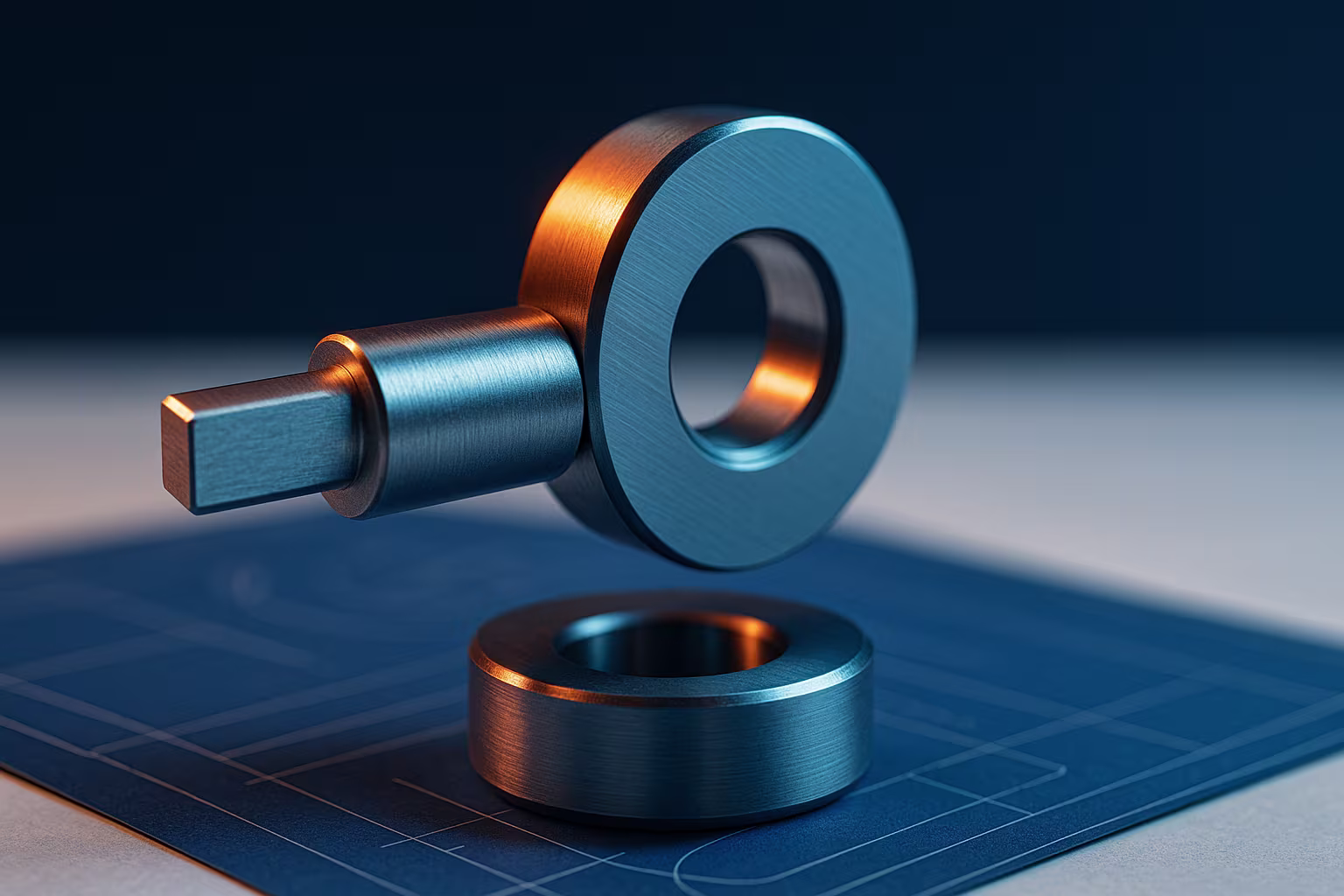 Extreme-detail cinematic macro photograph of a brushed-stainless go/no-go plug gauge partially inserted into a ring gauge, suspended 10–15 mm above a partially unrolled navy blueprint sheet on a clean light-grey desk