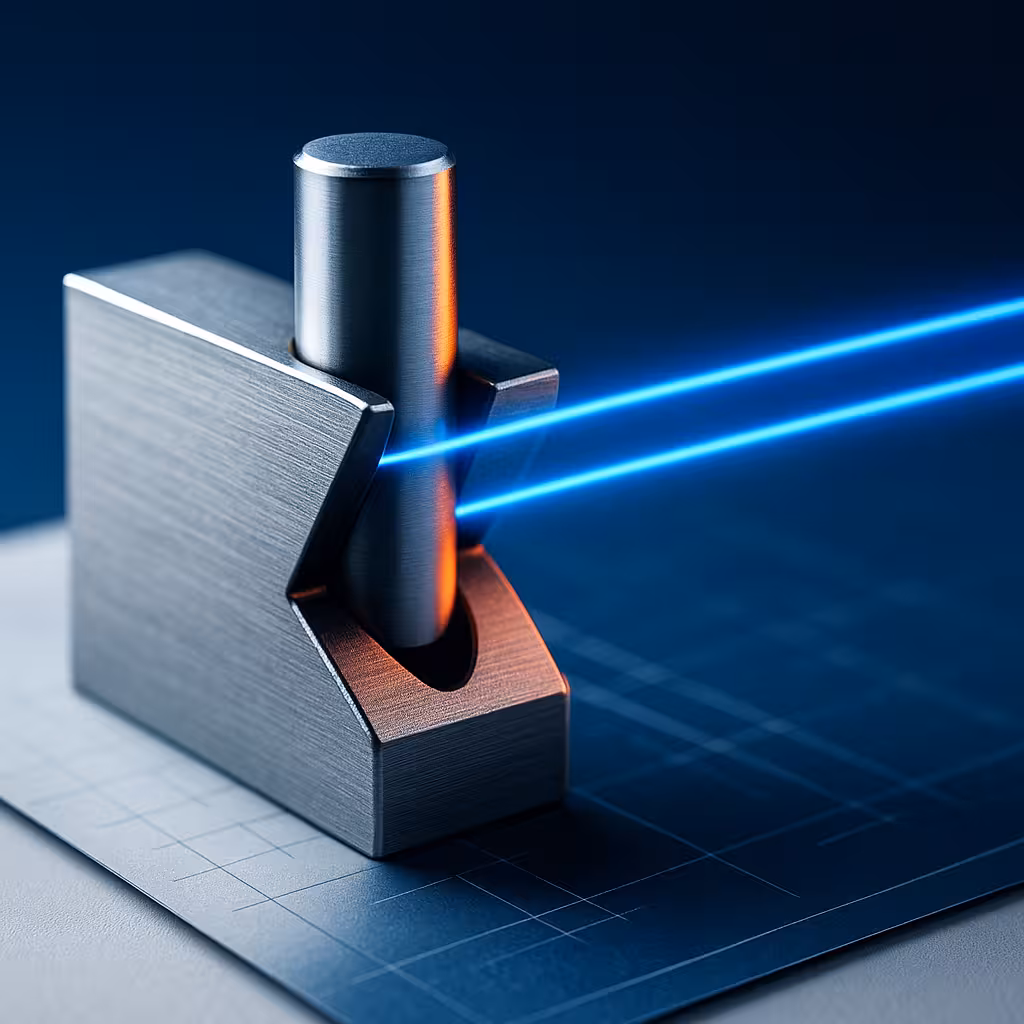 Low, cinematic sweep with a cylindrical pin in a V-block and a single scanning beam across centre mass.