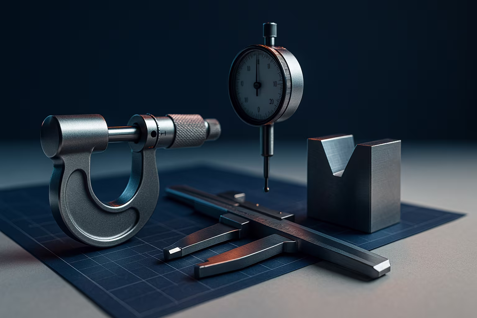 Brushed stainless inspection bench vignette micrometer vernier caliper.