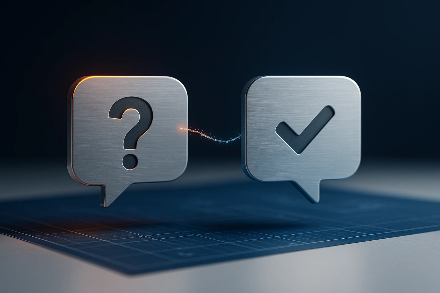 Apple-esque GTM Q&A hero brushed-steel speech bubbles hovering over the blueprint; question → answer linked by a subtle light arc with #FF8001/#4275AE accents.