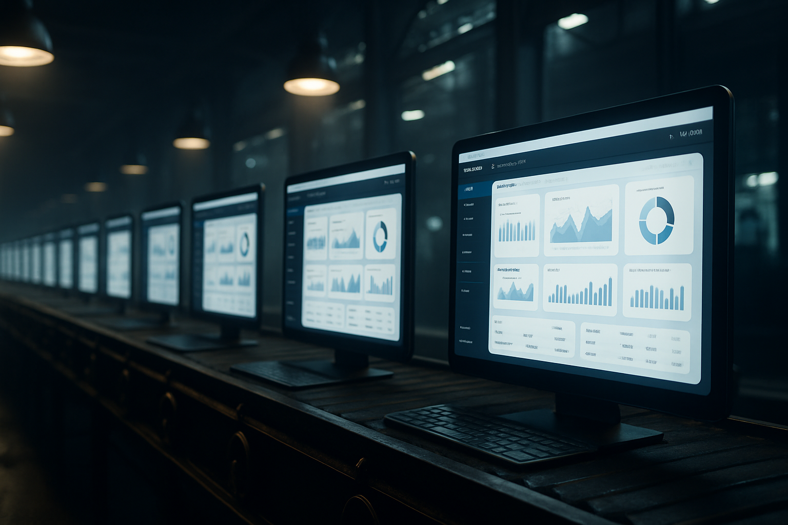 A row of identical dashboard screens - a repeatable sales process.