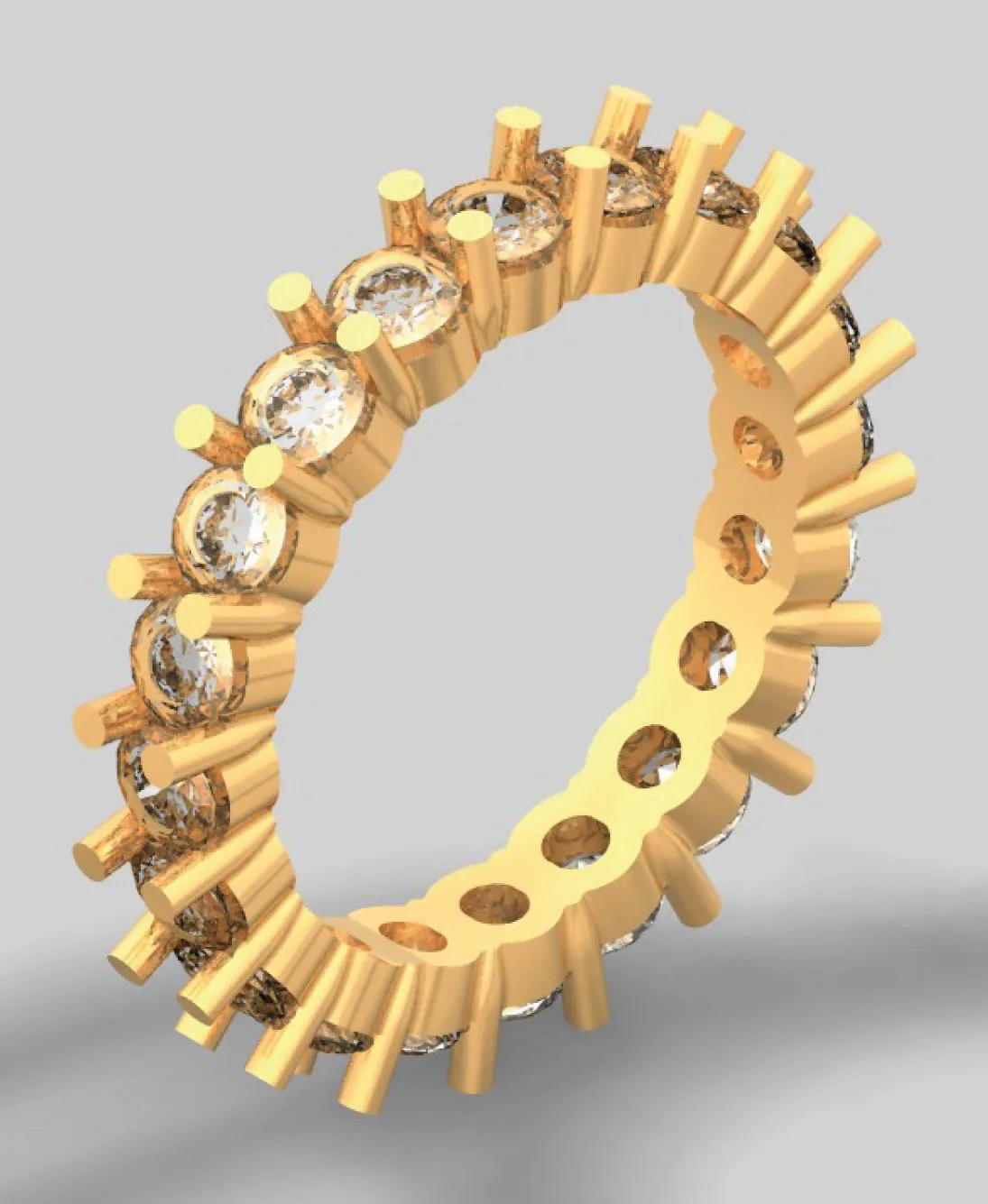 3D rendering of a gold ring setting with multiple round prongs designed to hold gemstones in a continuous band.