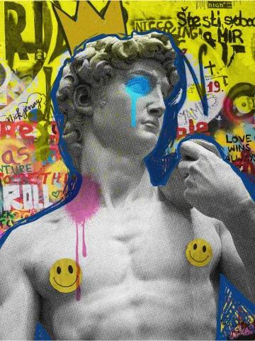 Colorful pop art style portrait of person with blue skin and yellow accents