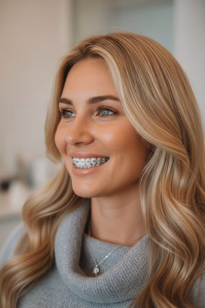 A woman with braces smiling at the camera.