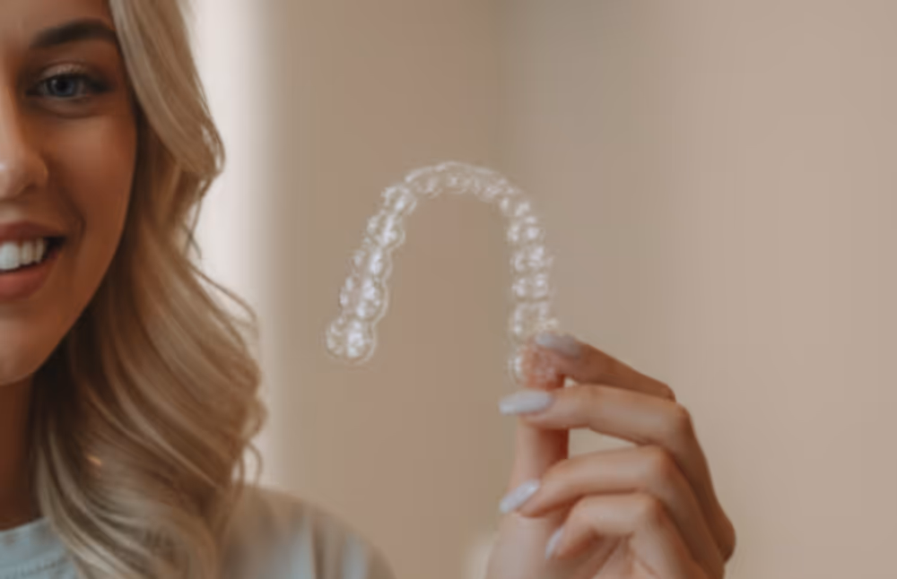 A woman holding a clear aligner up to the camera.
