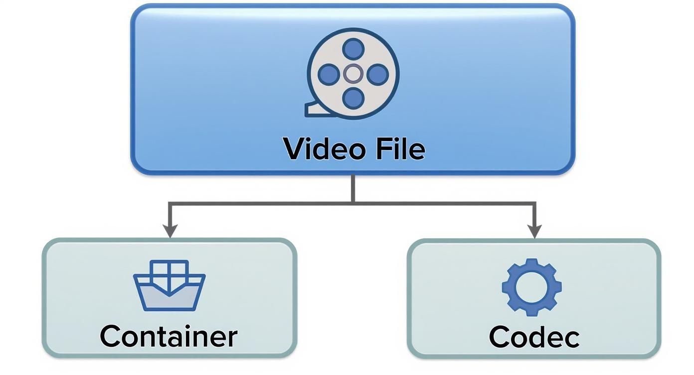 Diagram showing video file structure with container format and codec components illustrated with icons